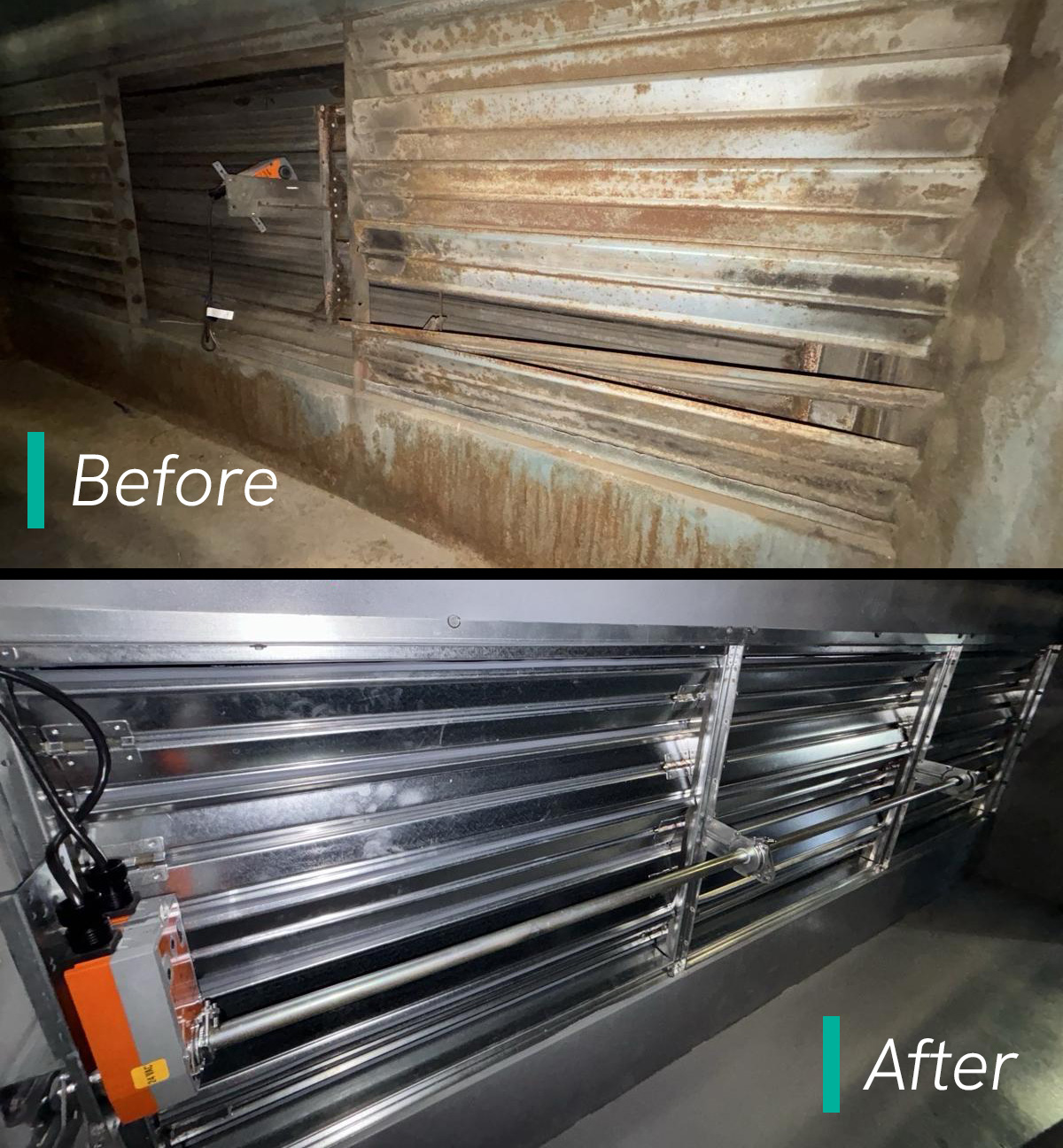 Before and after of HVAC damper restoration