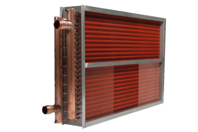 Render of chilled water coil in HVAC system.