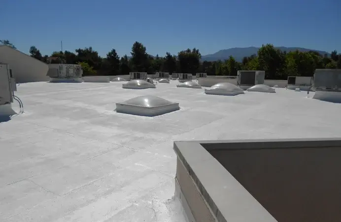 View of rooftop with modified bitumen roofing membrane applied