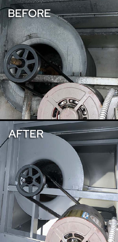 Before and after of blower wheel restoration.