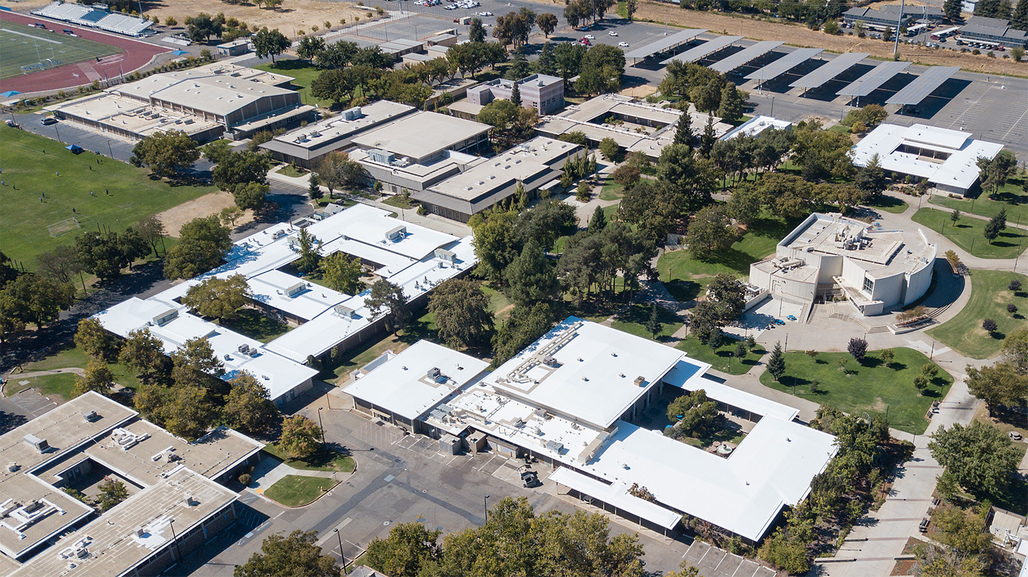 Aerial view of college campus.