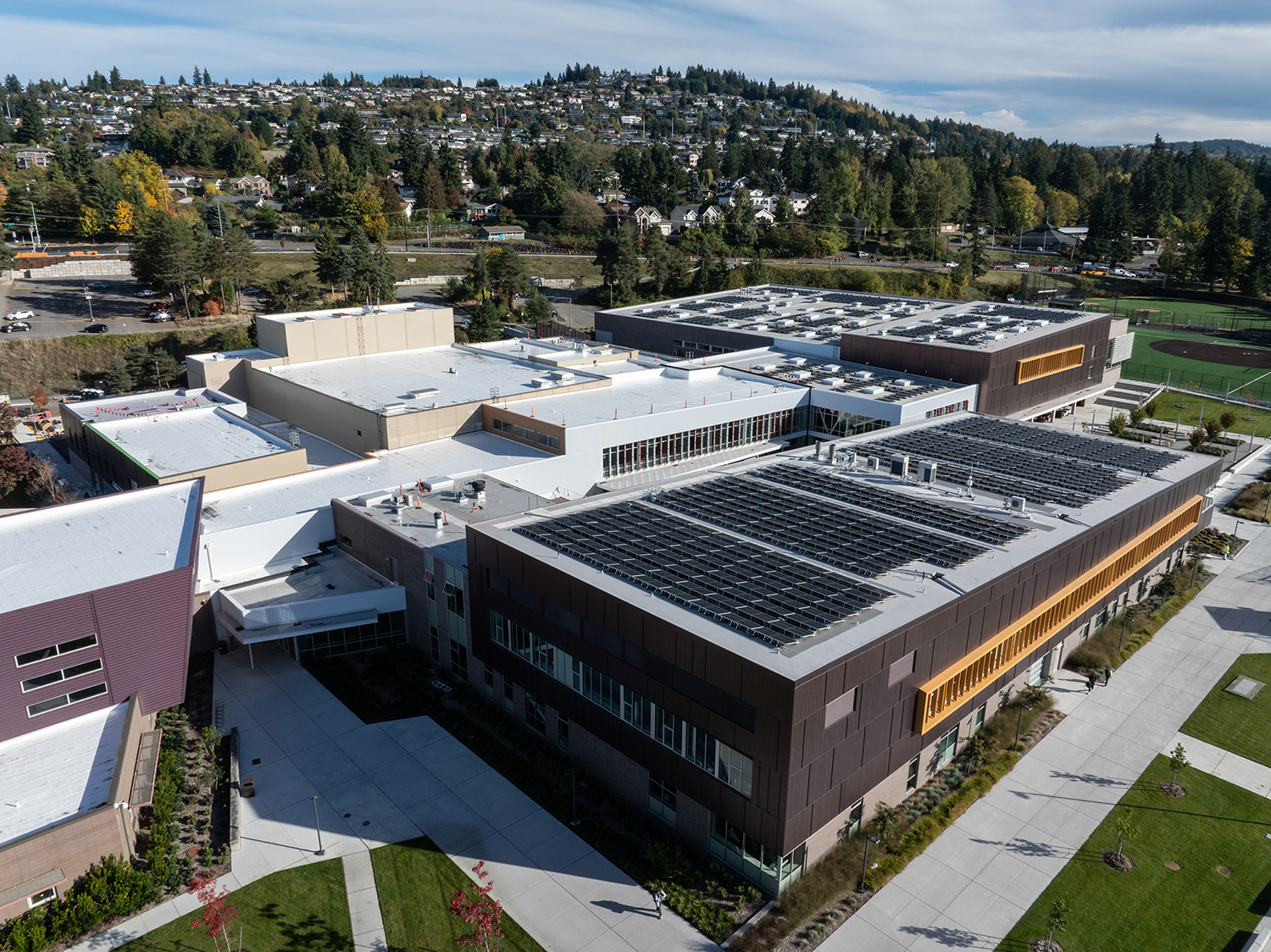 Aerial view of a school's roof.